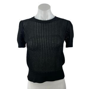 Muse Women's Black Crochet Knit Crewneck Short Puff Sleeve Crop Sweater Top S/P